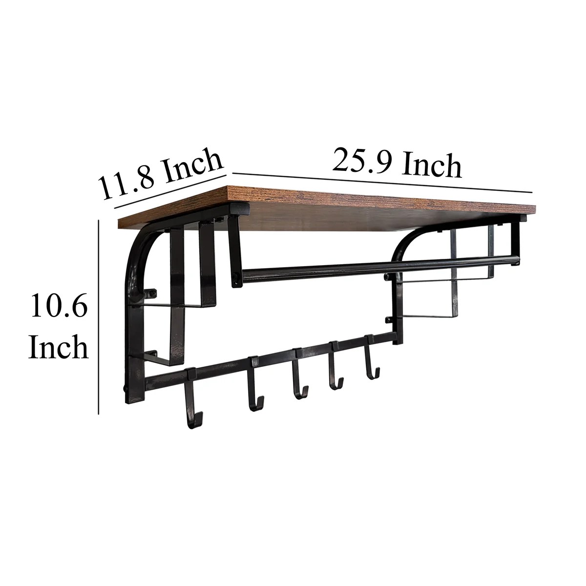 Rustic Brown Industrial Wall Mount Coat Rack with Shelf & 5 Hooks - Metal & Wood Entryway Organizer - 26 Inch