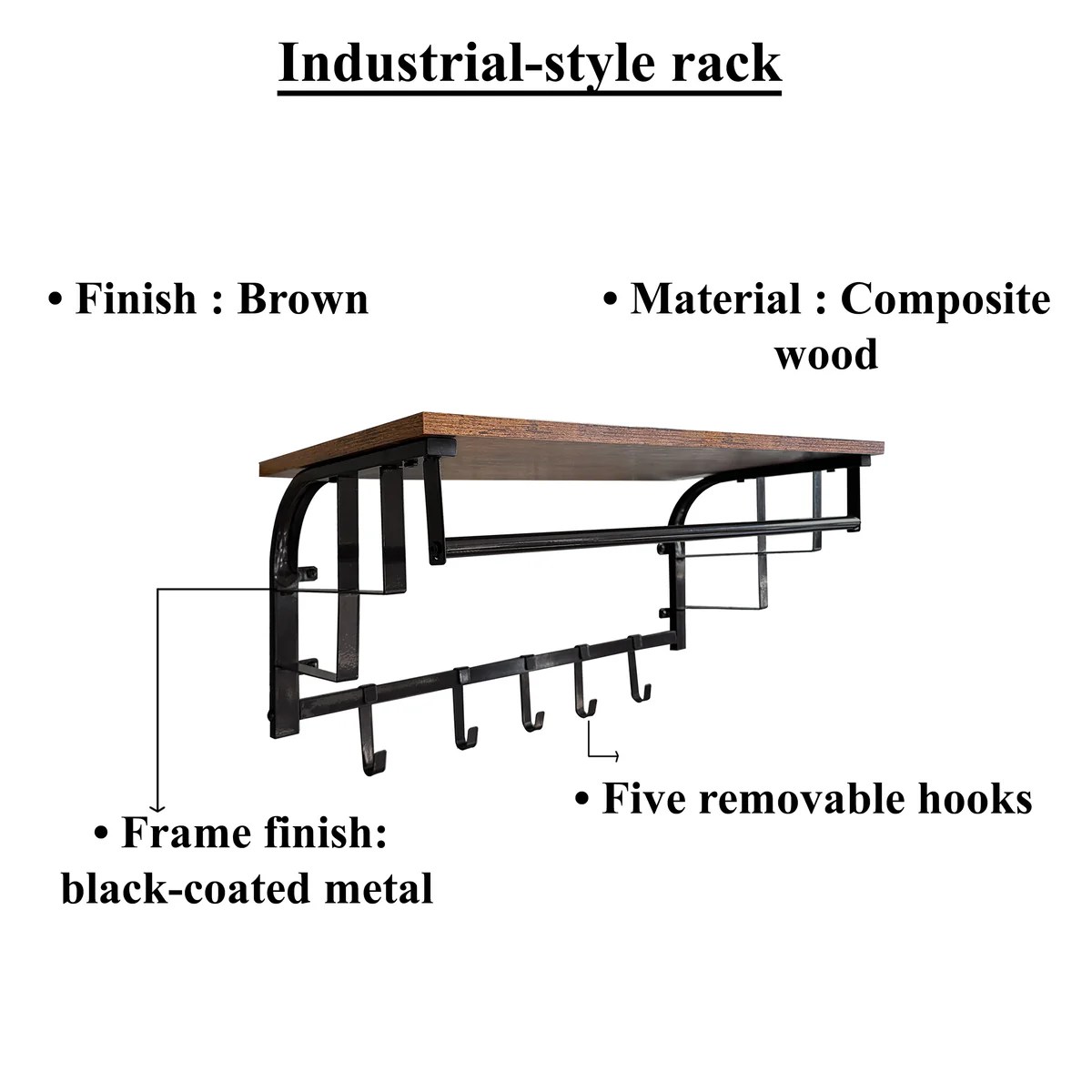 Rustic Brown Industrial Wall Mount Coat Rack with Shelf & 5 Hooks - Metal & Wood Entryway Organizer - 26 Inch