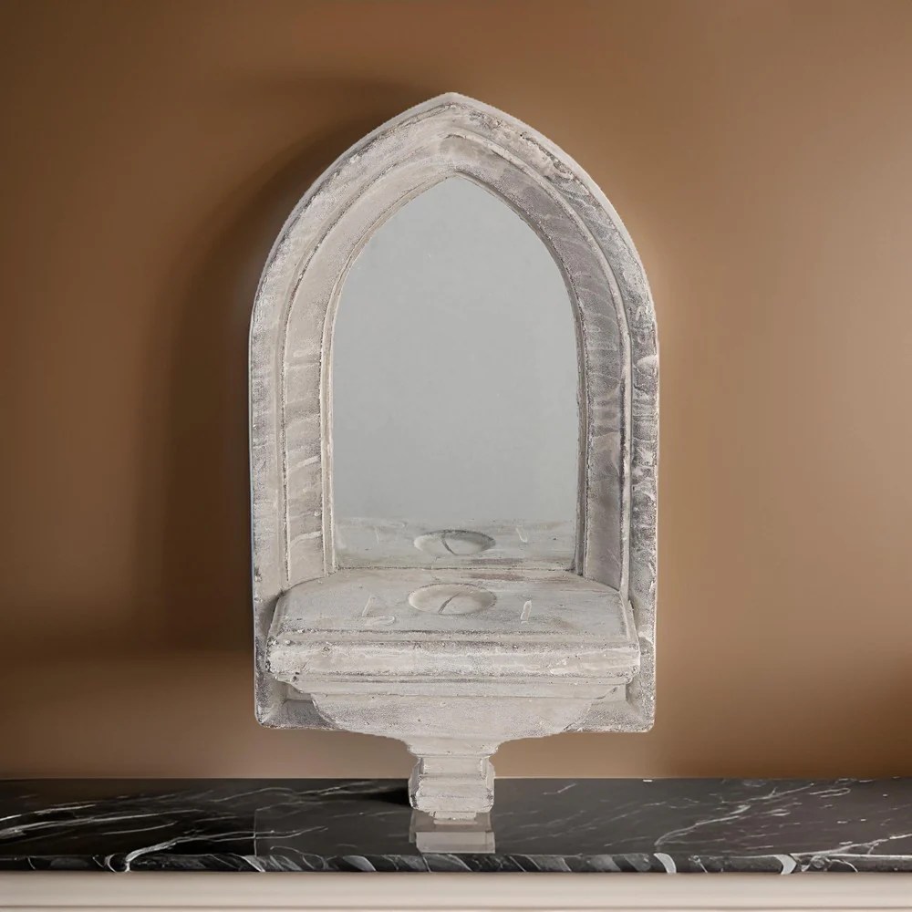 Washed White Cement Wall Mirror - Farmhouse Style Decorative Accent Mirror - 19.7"H x 5.5"W x 10.5"L