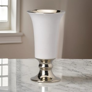 White & Gold Ceramic Pedestal Vase - Medium, Flared Top, Decorative Table Vase, 7.9"H