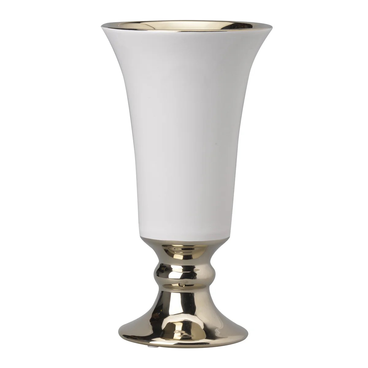 Large White & Gold Ceramic Pedestal Vase, Flared Top, 9.7"H Decorative Table Vase