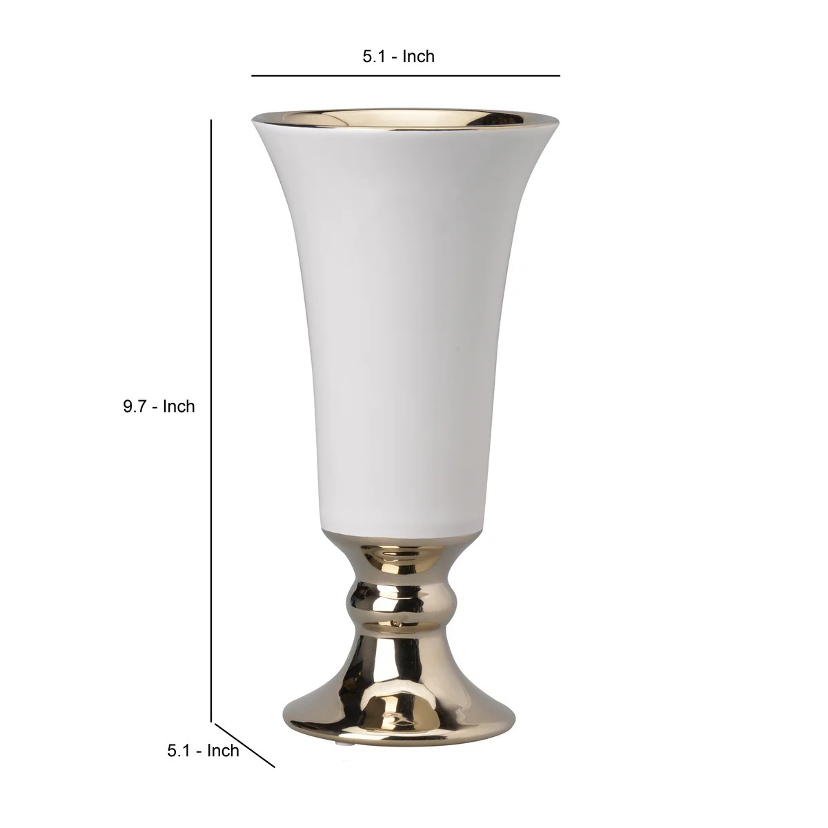 Large White & Gold Ceramic Pedestal Vase, Flared Top, 9.7"H Decorative Table Vase
