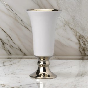 Large White & Gold Ceramic Pedestal Vase, Flared Top, 9.7"H Decorative Table Vase