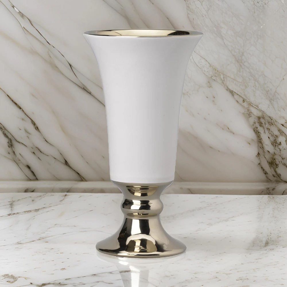 Large White & Gold Ceramic Pedestal Vase, Flared Top, 9.7"H Decorative Table Vase