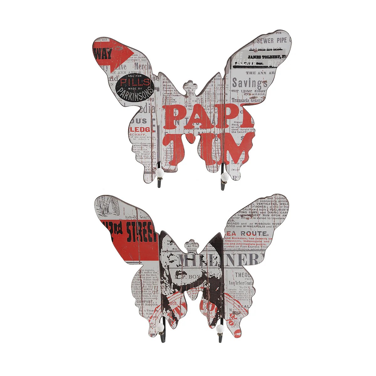 Butterfly Wall Hooks Set of 2 - Multicolor Newspaper Print Wood & Metal Decorative Wall Hanging Organizer 16x3.3x20 Inches