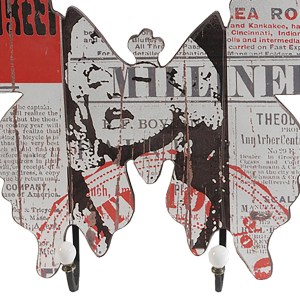 Butterfly Wall Hooks Set of 2 - Multicolor Newspaper Print Wood & Metal Decorative Wall Hanging Organizer 16x3.3x20 Inches