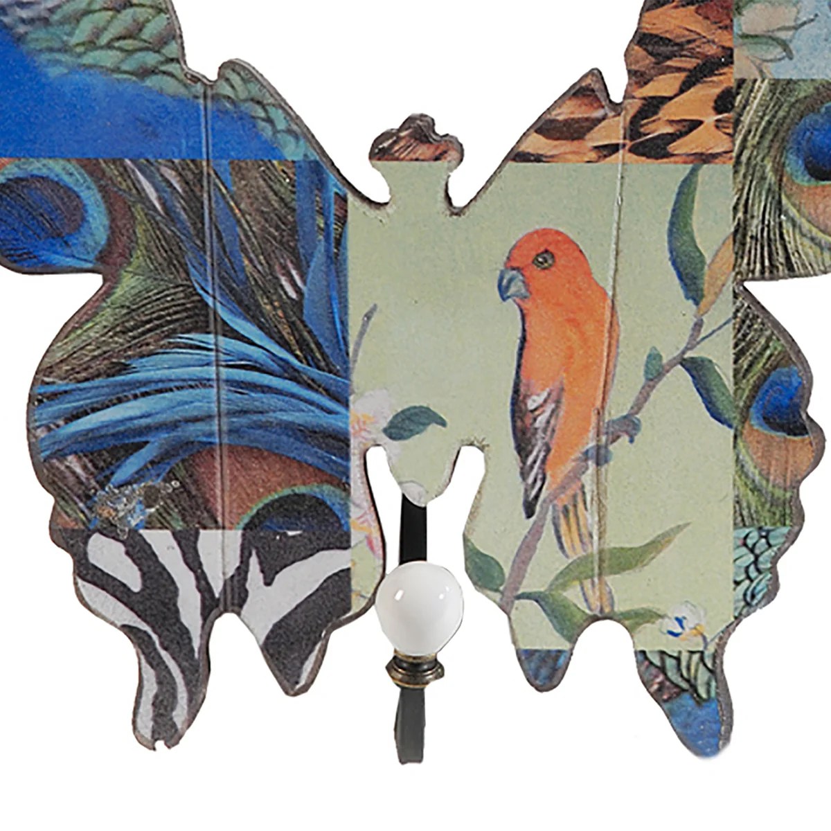 Butterfly Wall Hooks, Exotic Animal Print, Set of 4, Multicolor Wood & Metal Decorative Hooks, 12x3.3x10 Inches