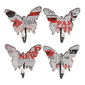 Multicolor Butterfly Wall Hooks - Set of 4 Wooden & Metal Decorative Hooks with Newspaper Print - 6.5"H x 3.3"W x 6.7"L