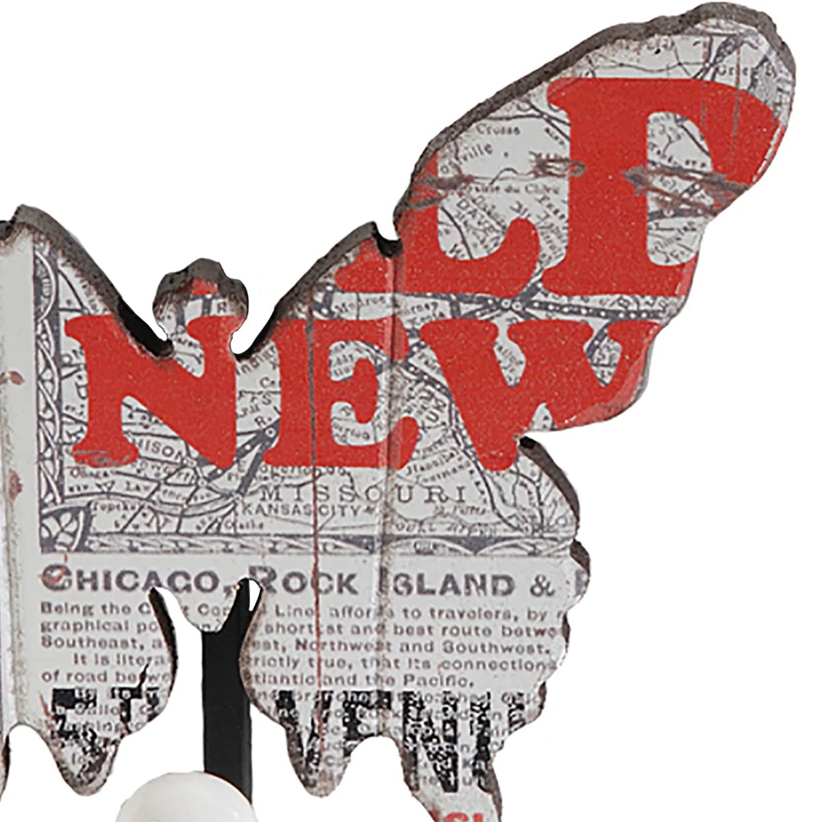 Multicolor Butterfly Wall Hooks - Set of 4 Wooden & Metal Decorative Hooks with Newspaper Print - 6.5"H x 3.3"W x 6.7"L