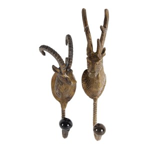 Gold Metal Sheep Head Wall Hooks with Crystal Balls - Vintage Antique Style Wall Decor Set of 2