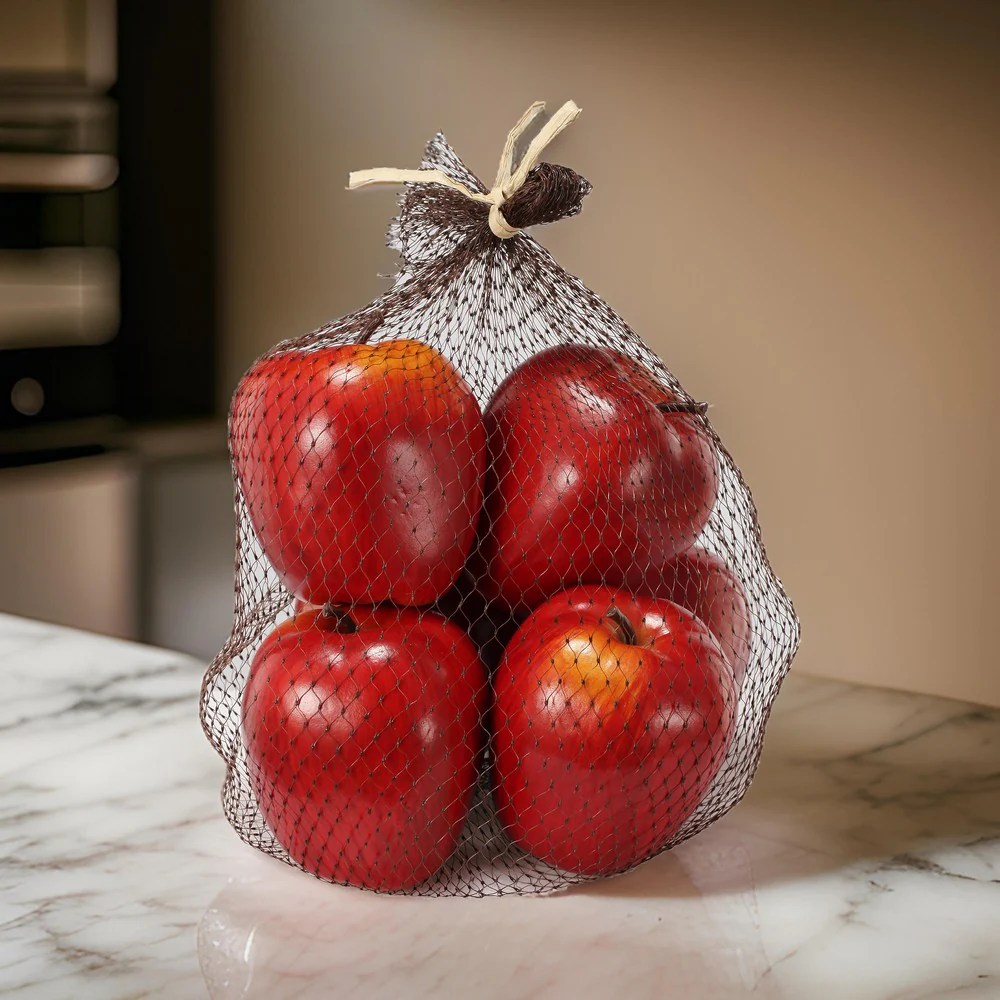 Red Artificial Apples in Net Bag - 6 Pack Plastic Fake Fruit Decorative Bowl Filler Home Kitchen Tabletop Decor 8x8x5 Inches