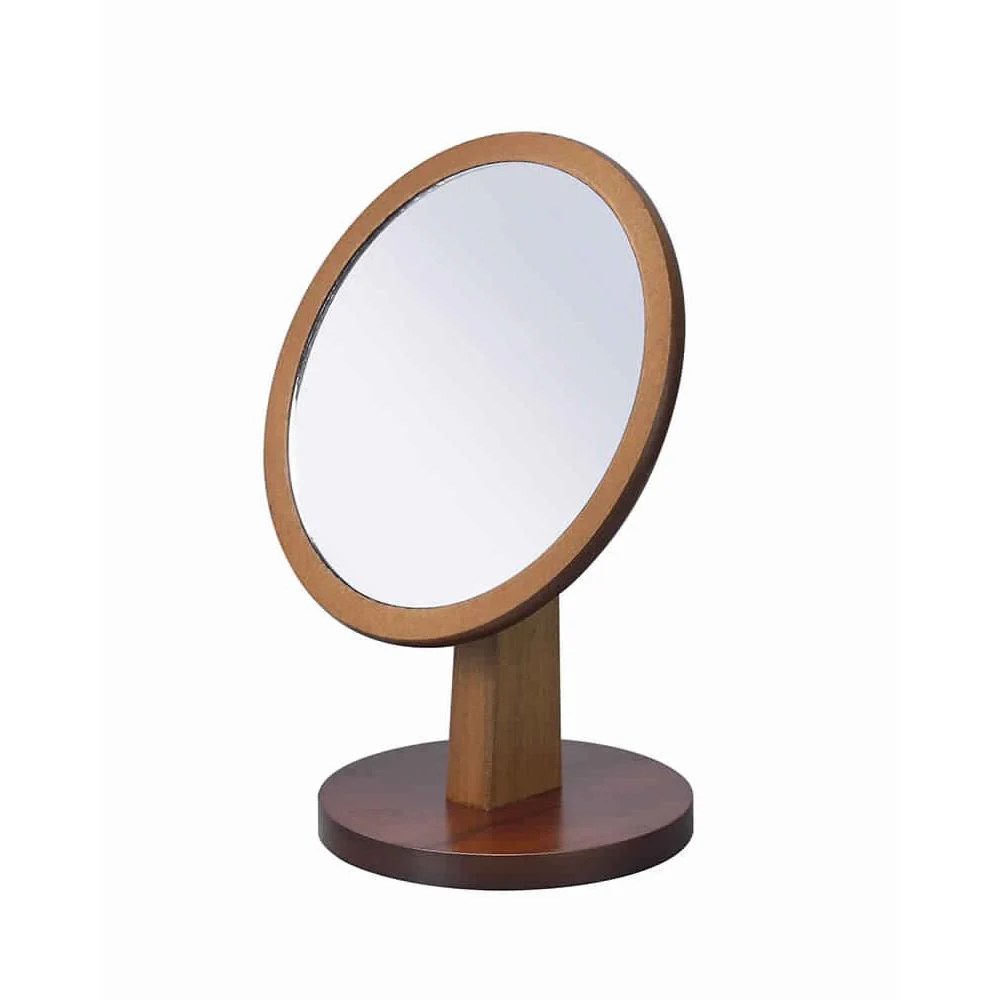 Brown Wooden Pedestal Makeup Mirror - Round Vanity Mirror for Cosmetic Counter, 14"H Basswood & Walnut Veneer