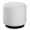 White Faux Leather Swivel Ottoman, Round Tufted Footrest, Contemporary Metal Accent Chair, 17.75"