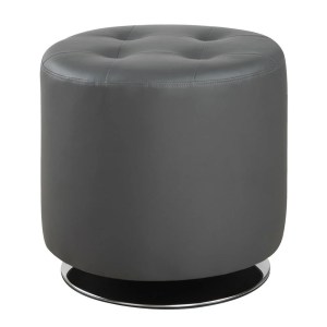 Gray Round Tufted Swivel Ottoman - Faux Leather Footrest, Living Room Seating, Contemporary Metal Accent
