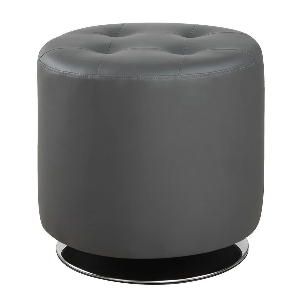 Gray Round Tufted Swivel Ottoman - Faux Leather Footrest, Living Room Seating, Contemporary Metal Accent