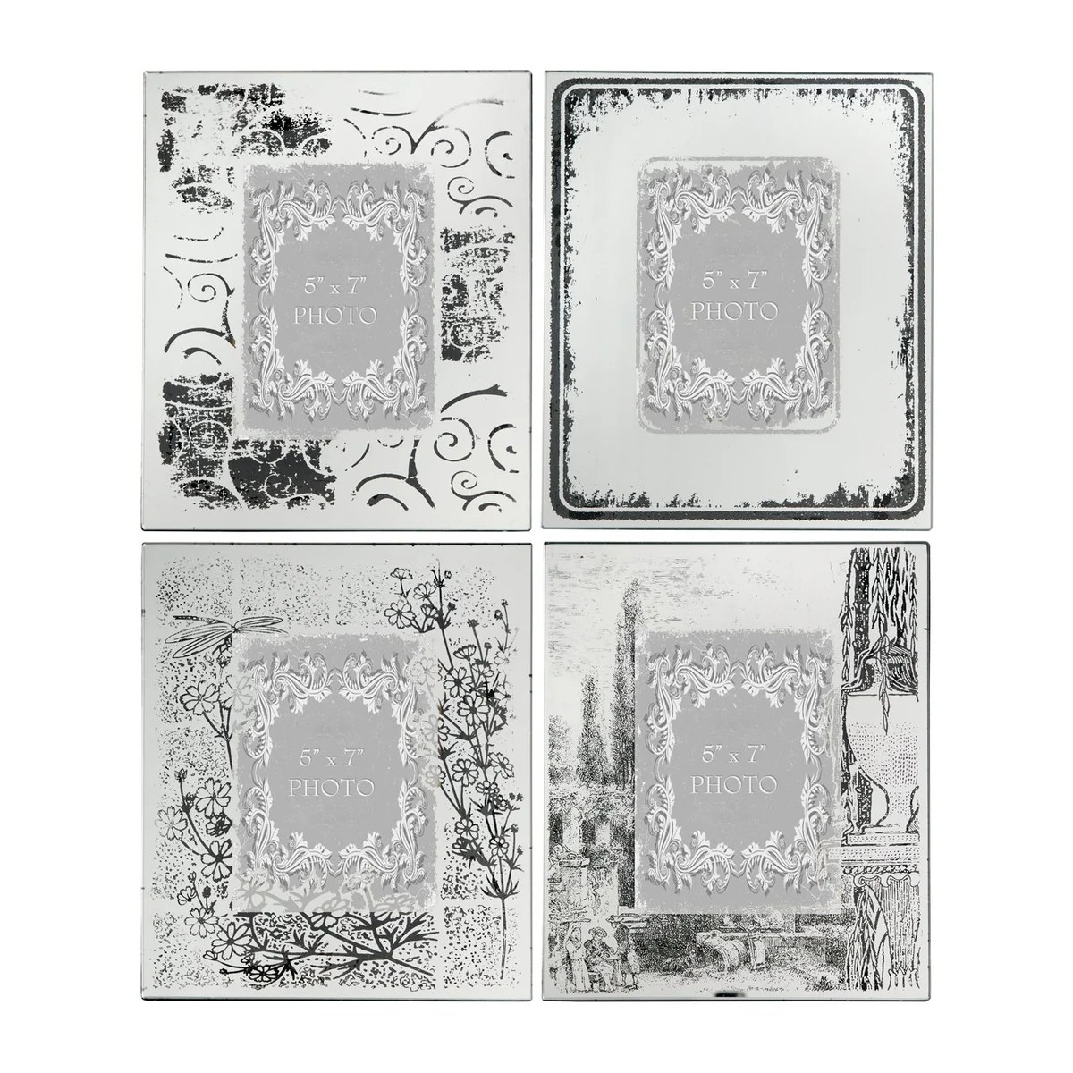 Modern Etched Wooden Photo Frames, Silver, Large 5x7, Set of 4, Vintage Rectangle Wall Decor