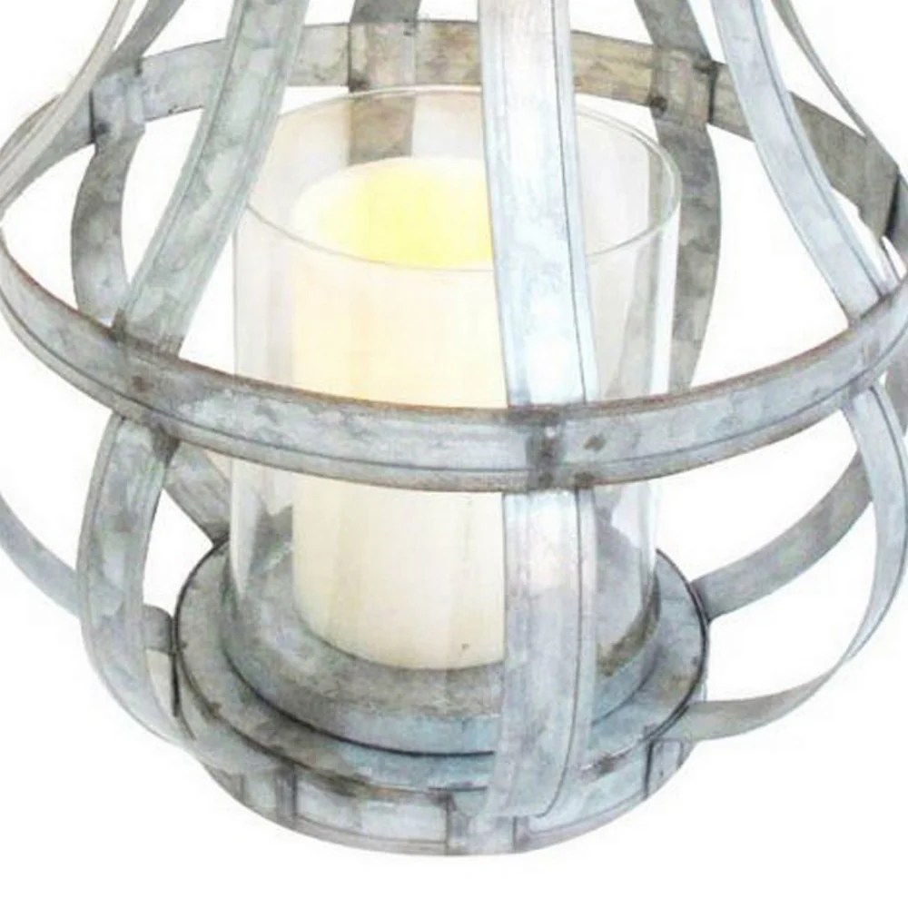 Rustic Farmhouse Metal Candle Lantern with Rope Handle, Glass Hurricane, Silver, 13.5"H