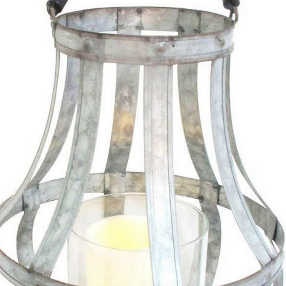Rustic Farmhouse Metal Candle Lantern with Rope Handle, Glass Hurricane, Silver, 13.5"H