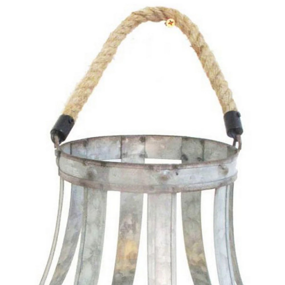 Rustic Farmhouse Metal Candle Lantern with Rope Handle, Glass Hurricane, Silver, 13.5"H