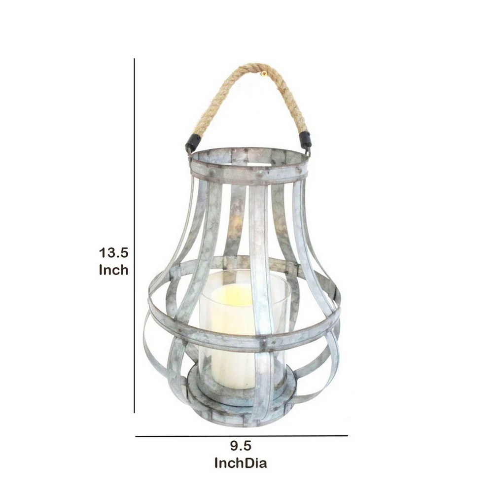 Rustic Farmhouse Metal Candle Lantern with Rope Handle, Glass Hurricane, Silver, 13.5"H