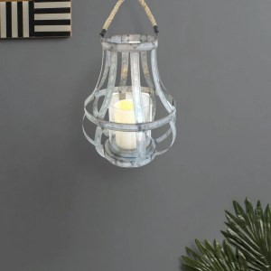 Rustic Farmhouse Metal Candle Lantern with Rope Handle, Glass Hurricane, Silver, 13.5"H