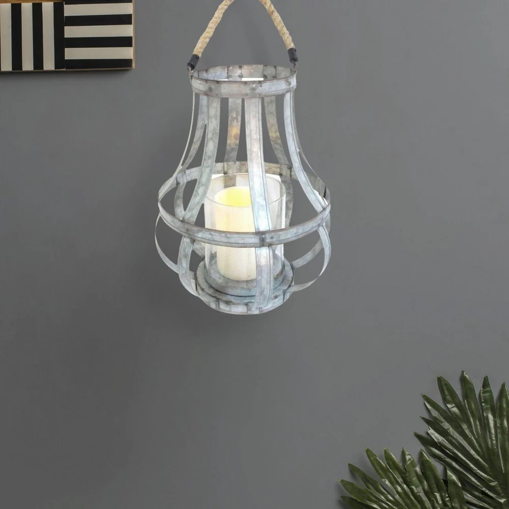 Rustic Farmhouse Metal Candle Lantern with Rope Handle, Glass Hurricane, Silver, 13.5"H