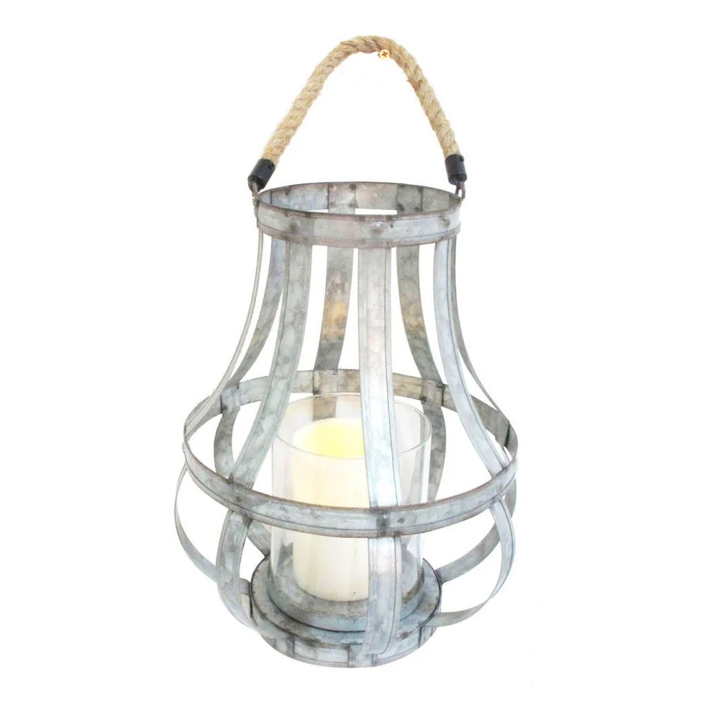 Rustic Farmhouse Metal Candle Lantern with Rope Handle, Glass Hurricane, Silver, 13.5"H