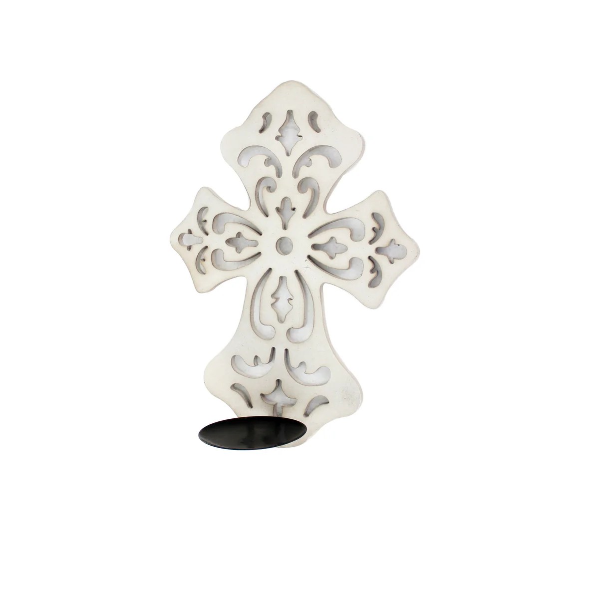 White Wooden Cross Candle Holder with Scrolled Engravings - Wall Mounted, Traditional Style, 11.25"H
