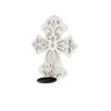 White Wooden Cross Candle Holder with Scrolled Engravings - Wall Mounted, Traditional Style, 11.25"H