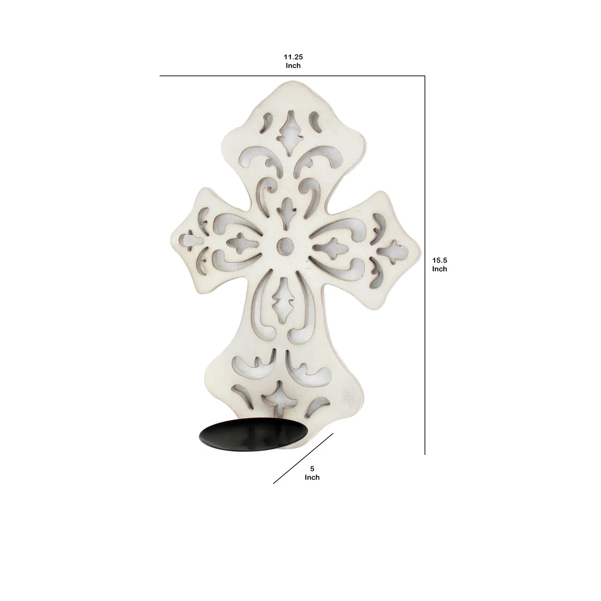 White Wooden Cross Candle Holder with Scrolled Engravings - Wall Mounted, Traditional Style, 11.25"H