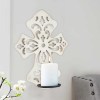 White Wooden Cross Candle Holder with Scrolled Engravings - Wall Mounted, Traditional Style, 11.25"H