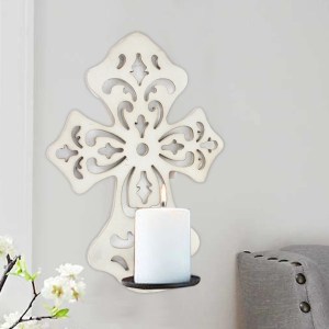 White Wooden Cross Candle Holder with Scrolled Engravings - Wall Mounted, Traditional Style, 11.25"H
