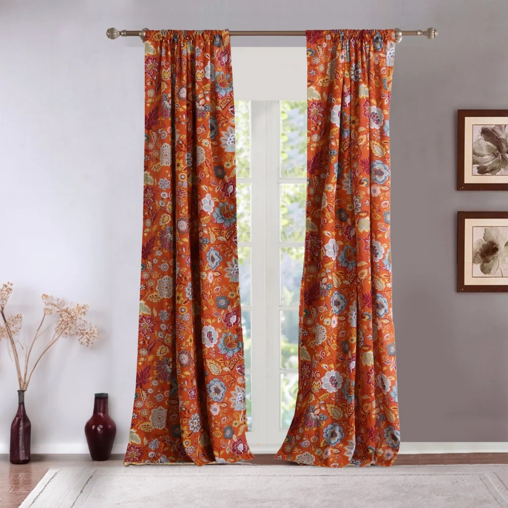 Floral Window Panel Set, 84x42 Inch Polyester Curtains with Tiebacks, Machine Washable, Lined for Privacy, Rod Pocket