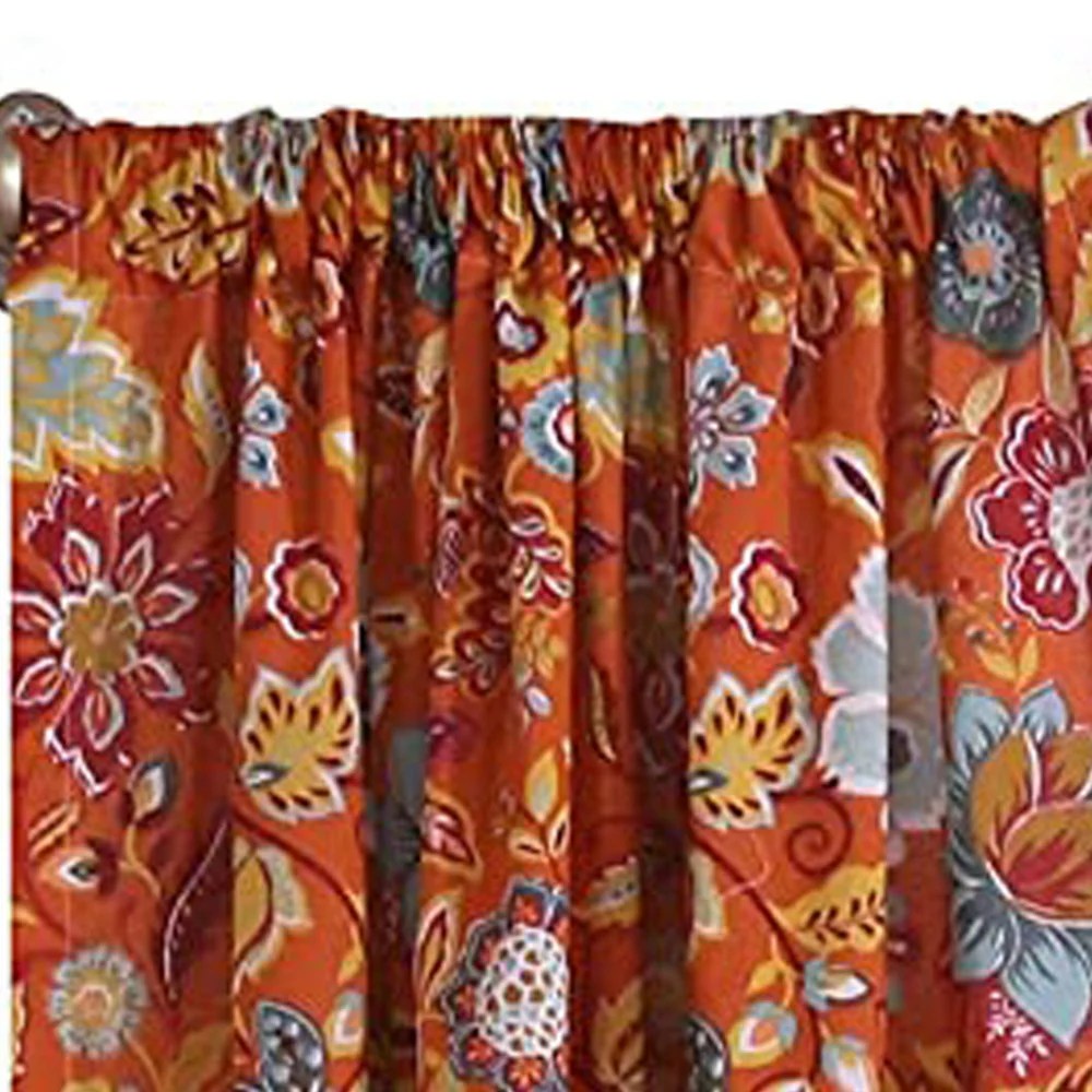 Paris Orange Floral Curtain Panels with Ties - 42x63 Inch, Lined, Machine Washable, 3 Inch Rod Pocket