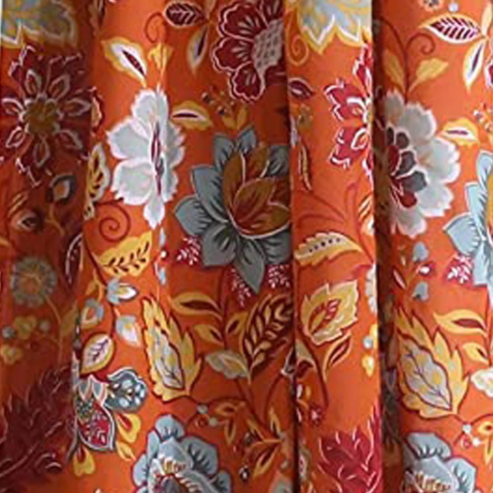 Paris Orange Floral Curtain Panels with Ties - 42x63 Inch, Lined, Machine Washable, 3 Inch Rod Pocket