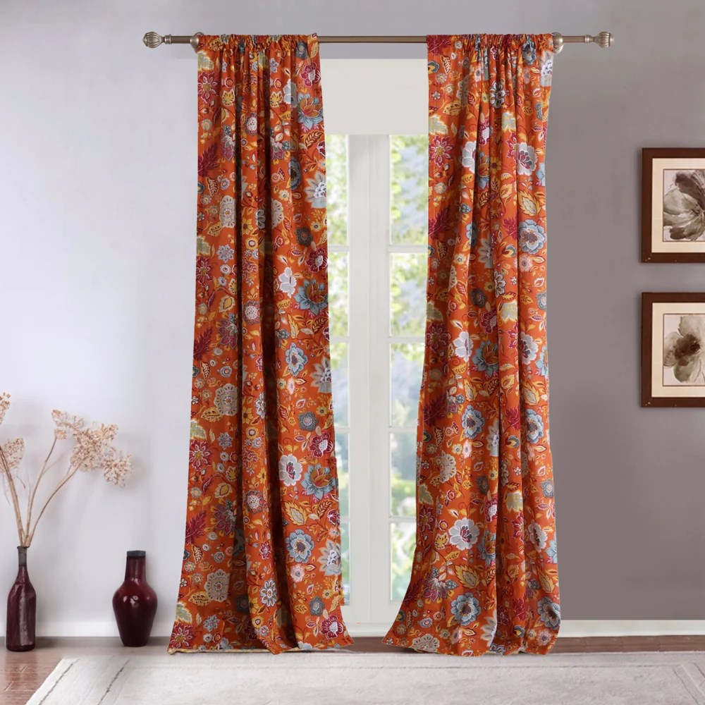 Paris Orange Floral Curtain Panels with Ties - 42x63 Inch, Lined, Machine Washable, 3 Inch Rod Pocket