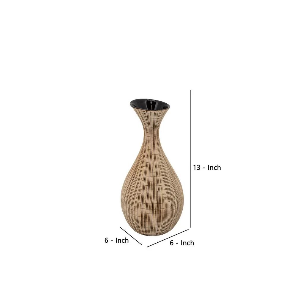 Beige Ceramic Pot Belly Vase, Sleek Flared Neck, Round Opening, Textured, 13"H