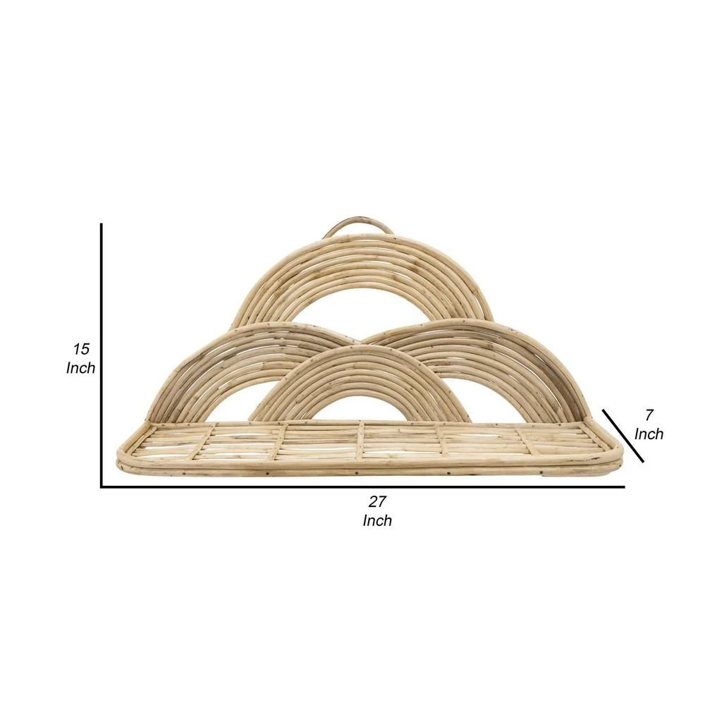 Rattan Farmhouse Wall Decor Tray, Brown, Semi-Circular Accents, 15x7x27 Inches, Hanging Shelf, Lattice Design
