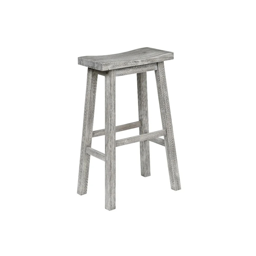 Gray Rubberwood Saddle Bar Stool, Wire Brushed Finish, Slanted Legs, 29" High, Modern Farmhouse Kitchen Counter Stool