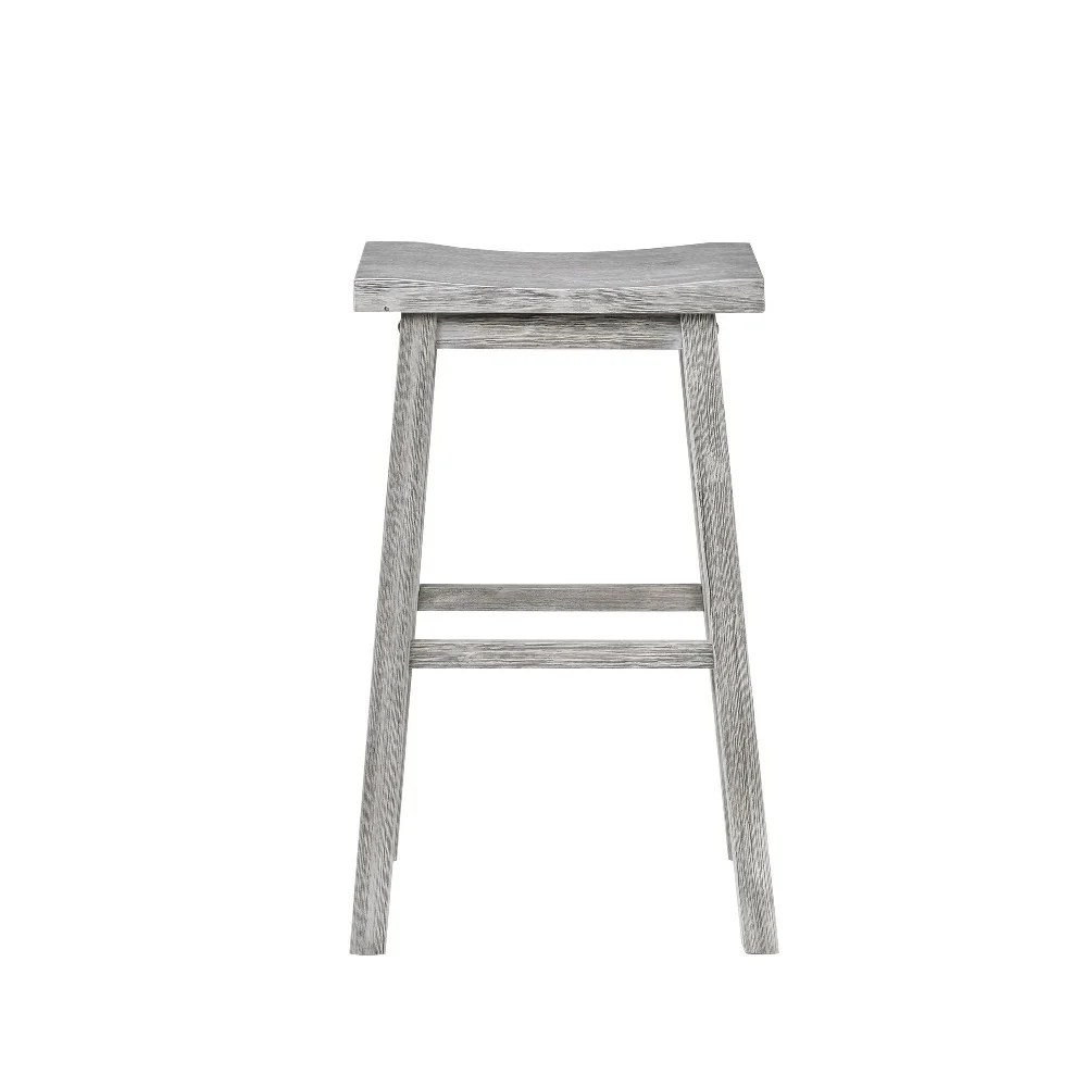 Gray Rubberwood Saddle Bar Stool, Wire Brushed Finish, Slanted Legs, 29" High, Modern Farmhouse Kitchen Counter Stool