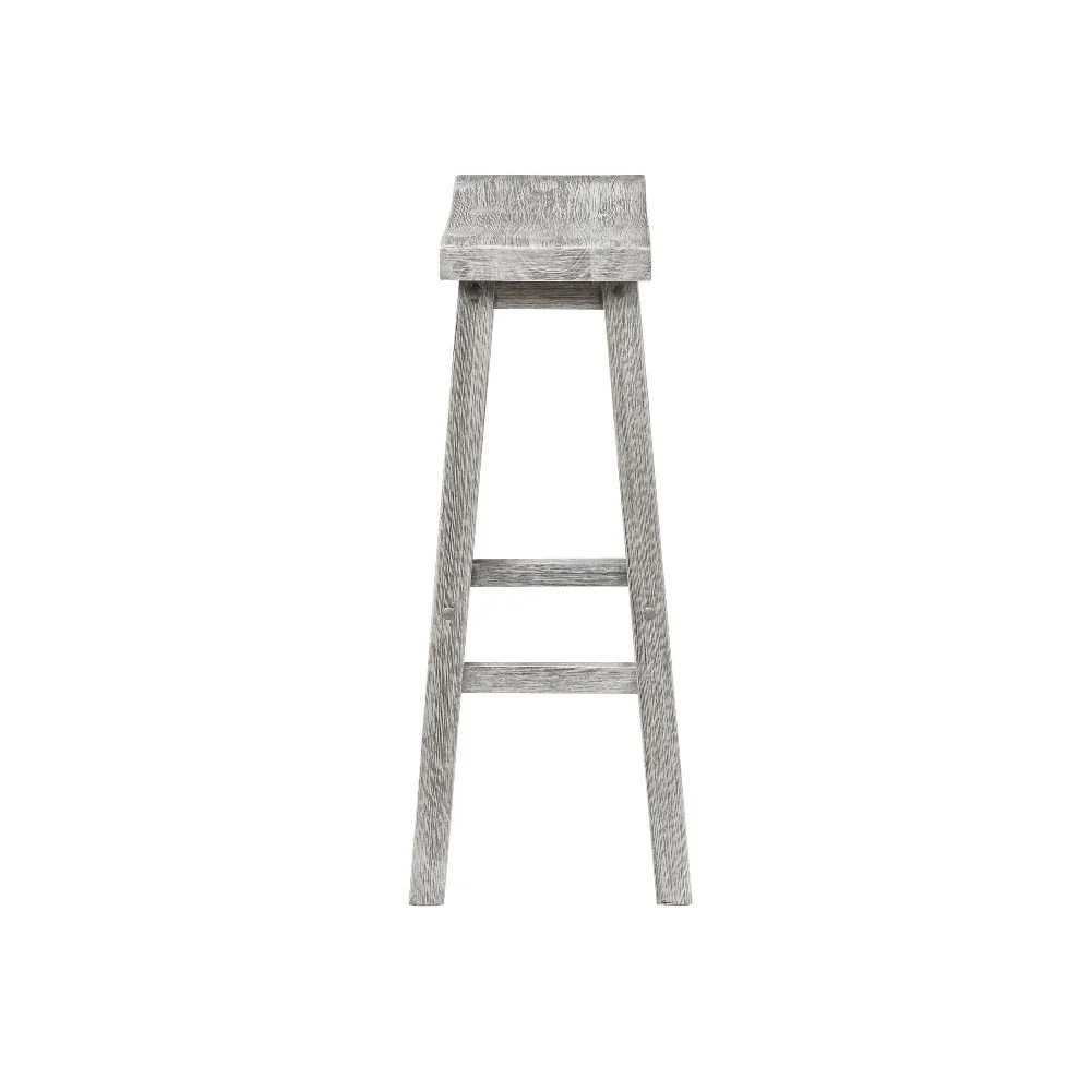 Gray Rubberwood Saddle Bar Stool, Wire Brushed Finish, Slanted Legs, 29" High, Modern Farmhouse Kitchen Counter Stool