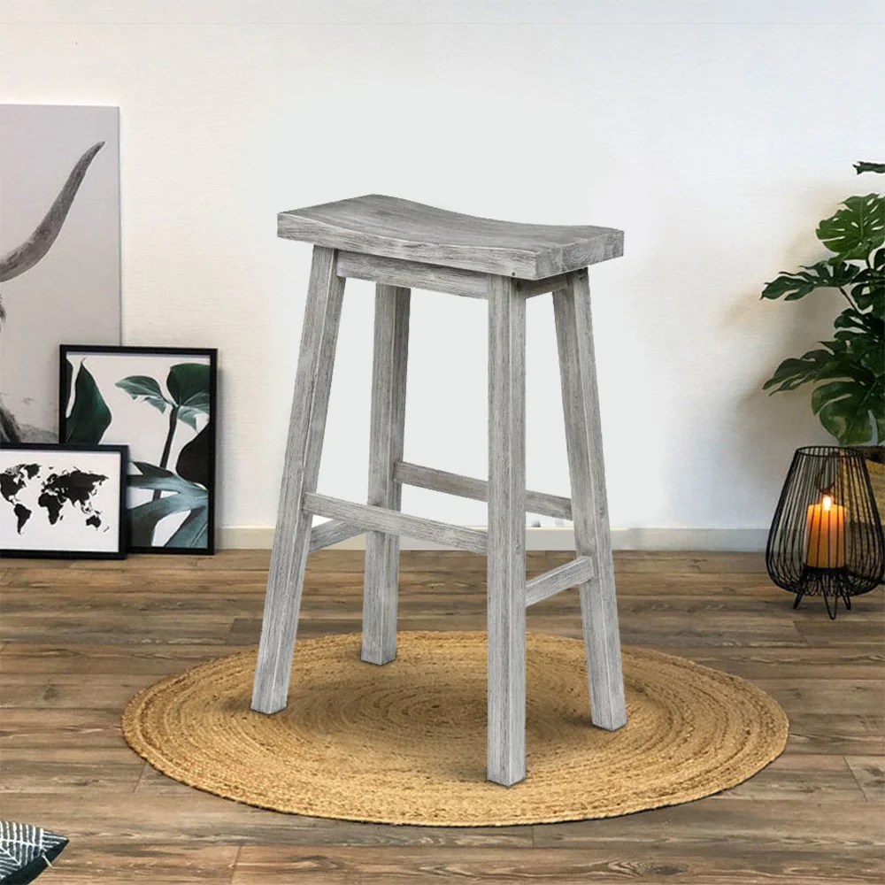 Gray Rubberwood Saddle Bar Stool, Wire Brushed Finish, Slanted Legs, 29" High, Modern Farmhouse Kitchen Counter Stool