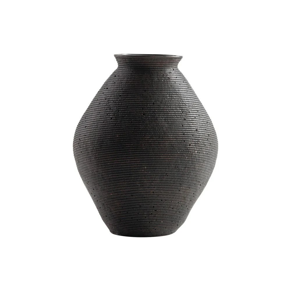 Dale 12" Brown Polyresin Vase - Round, Ribbed, Antique, Decorative Tabletop Accent