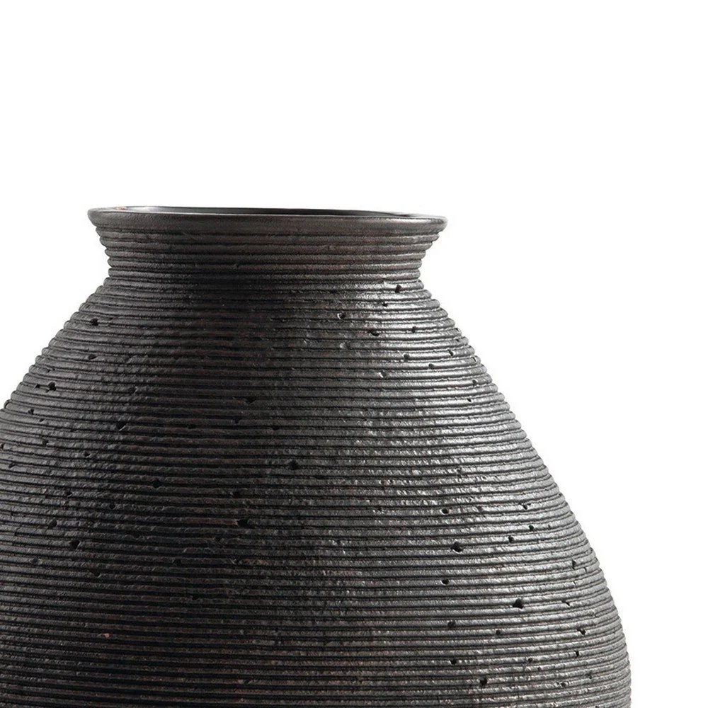 Dale 12" Brown Polyresin Vase - Round, Ribbed, Antique, Decorative Tabletop Accent