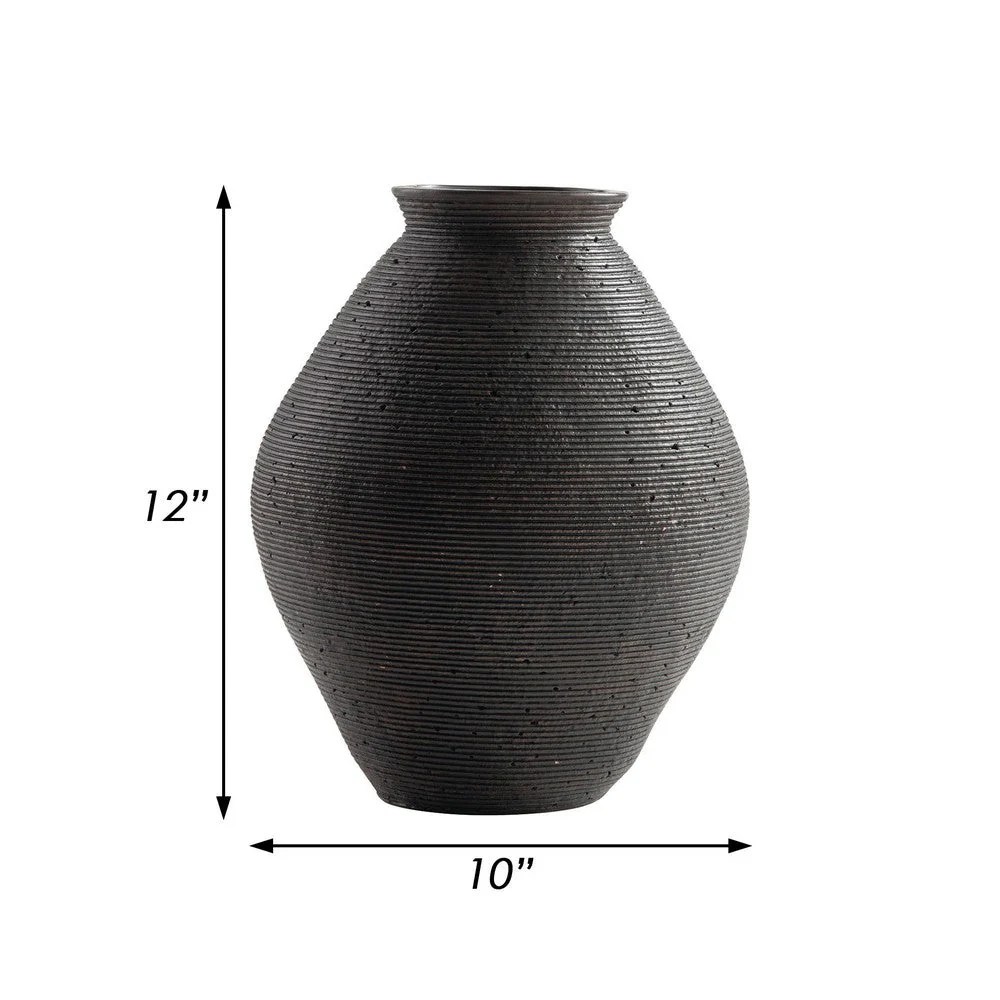 Dale 12" Brown Polyresin Vase - Round, Ribbed, Antique, Decorative Tabletop Accent