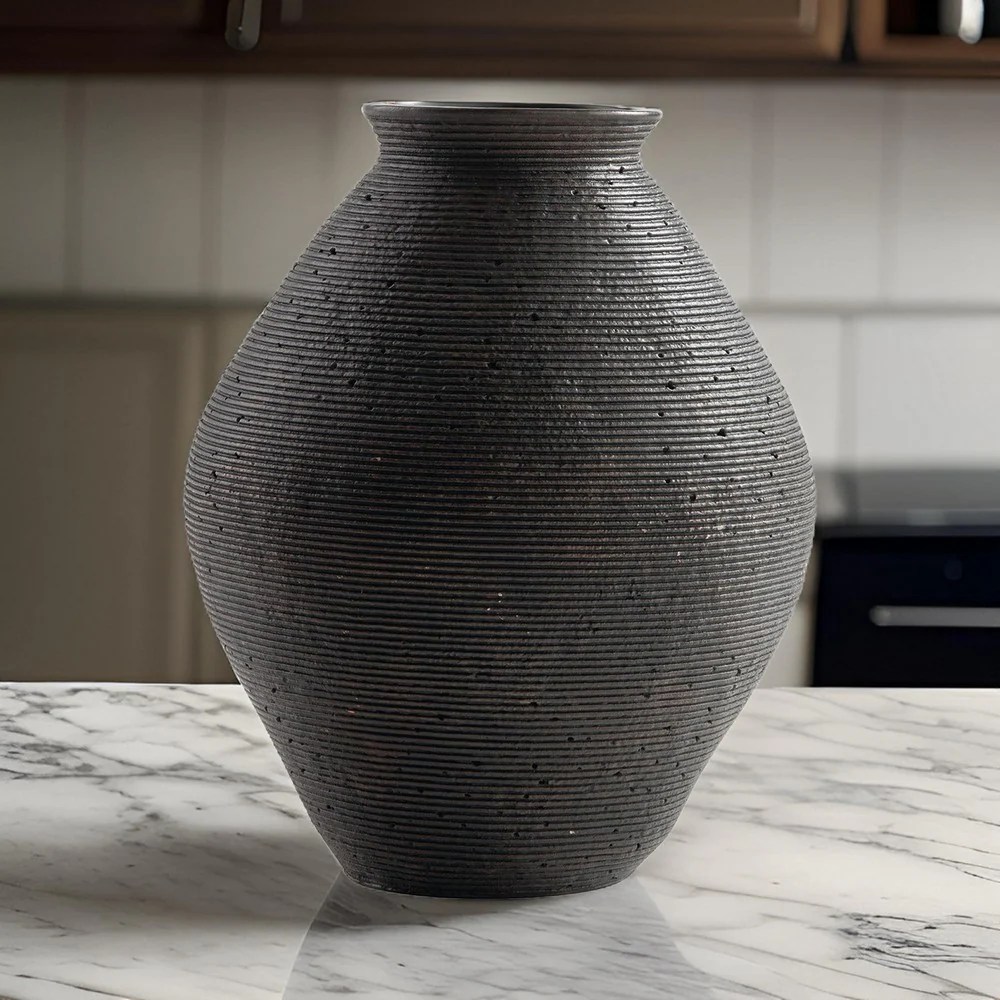 Dale 12" Brown Polyresin Vase - Round, Ribbed, Antique, Decorative Tabletop Accent