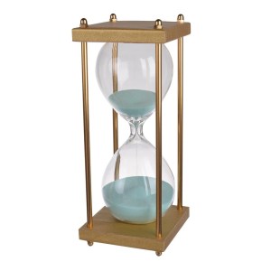 Gold Blue 30 Minute Hourglass Timer with Stand - Metal Glass Wood Leather Desk Decor Accent