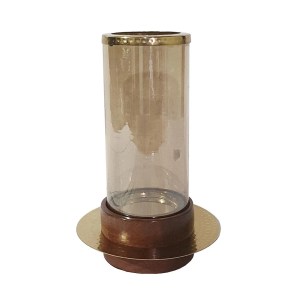 11 Inch Gold Glass Hurricane Candle Holder with Acacia Wood Base - Modern Table Decor
