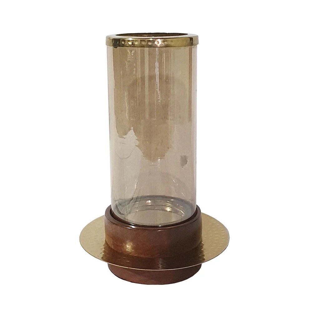 11 Inch Gold Glass Hurricane Candle Holder with Acacia Wood Base - Modern Table Decor
