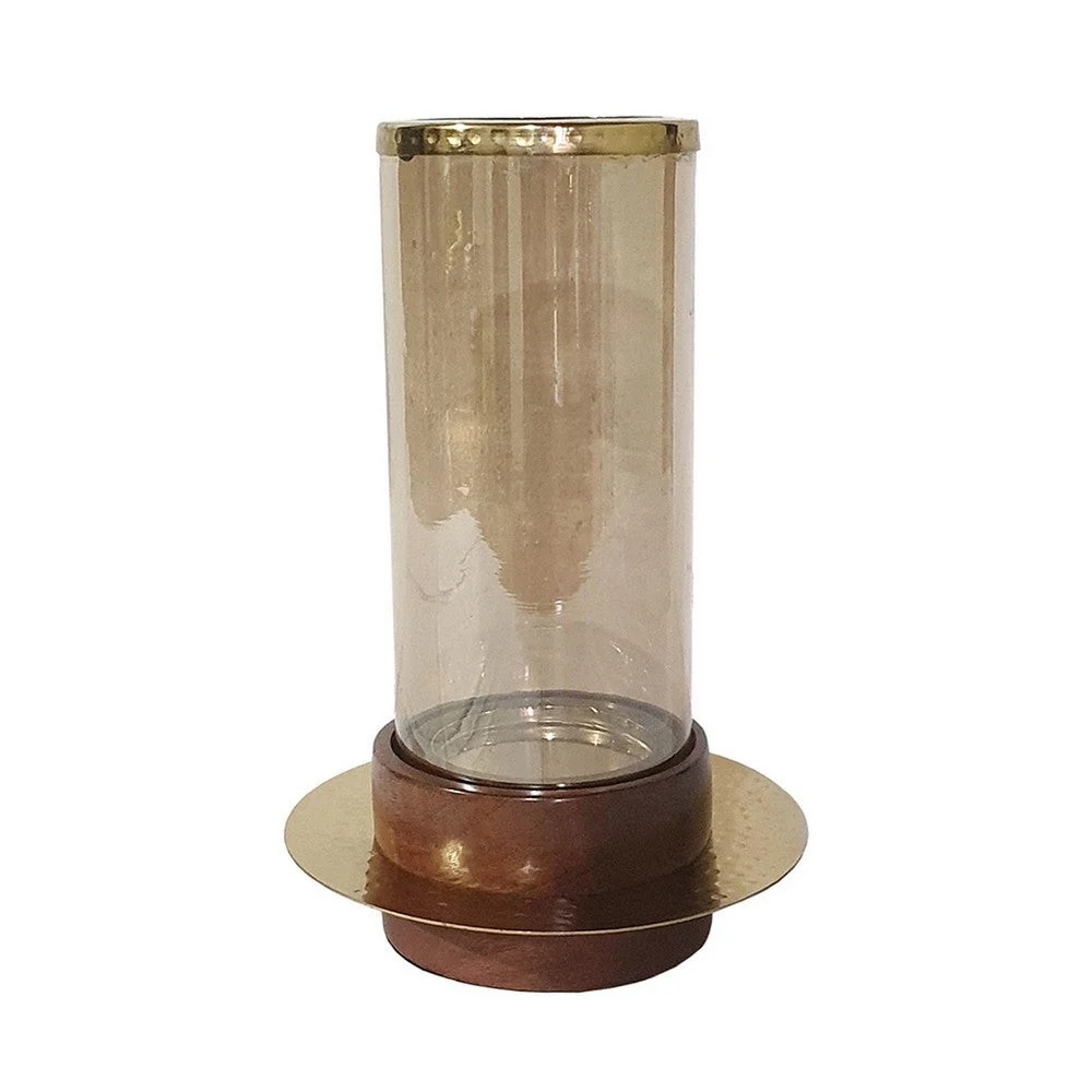 11 Inch Gold Glass Hurricane Candle Holder with Acacia Wood Base - Modern Table Decor